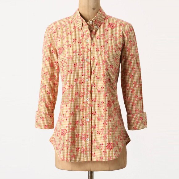 Odille Anthropologie yellow pink white gingham eyelet cotton button down shirt - Picture 2 of 8